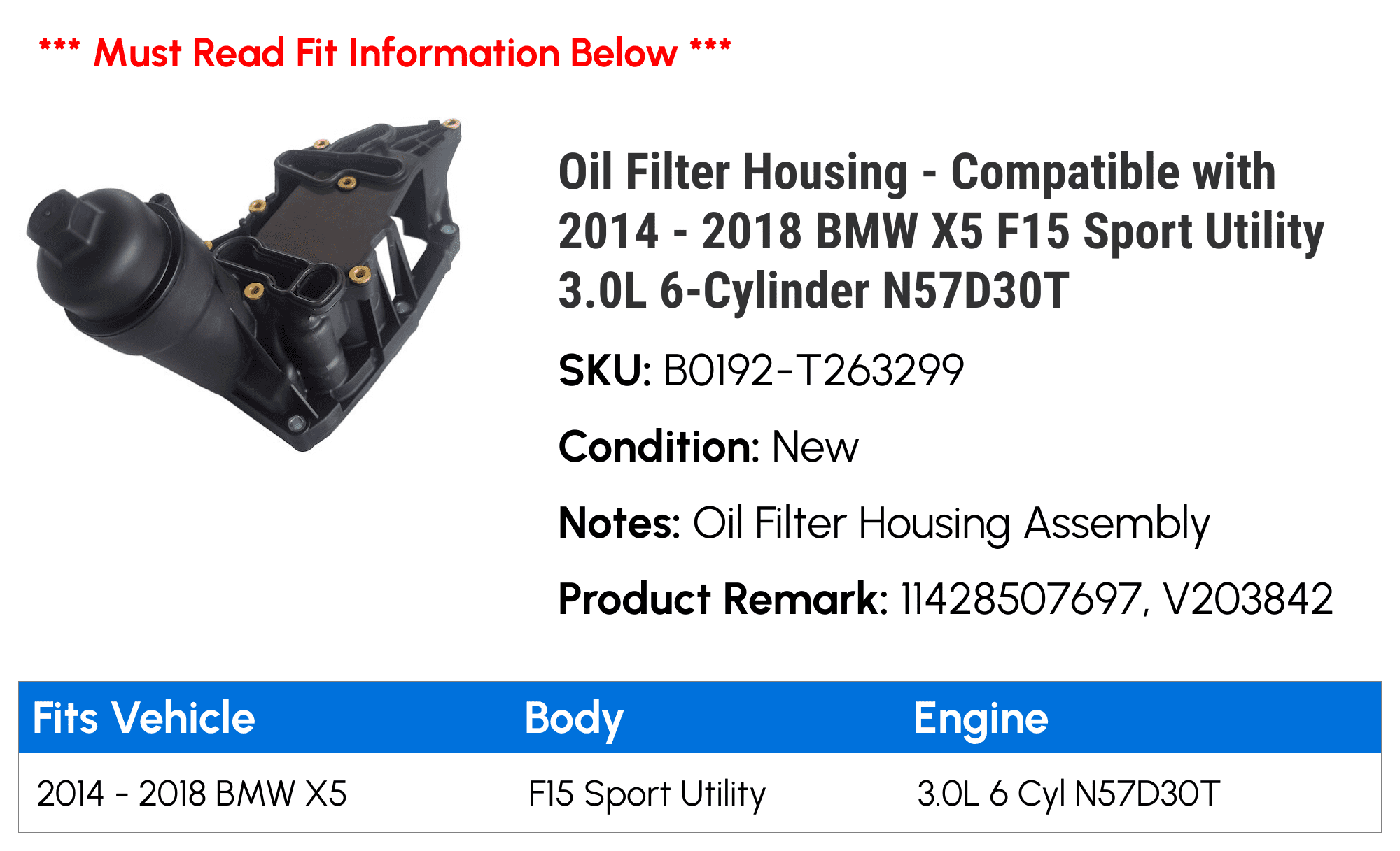 Oil Filter Housing - Compatible with 2014 - 2018 BMW X5 F15 Sport Utility 3.0L 6-Cylinder N57D30T 2015 2016 2017