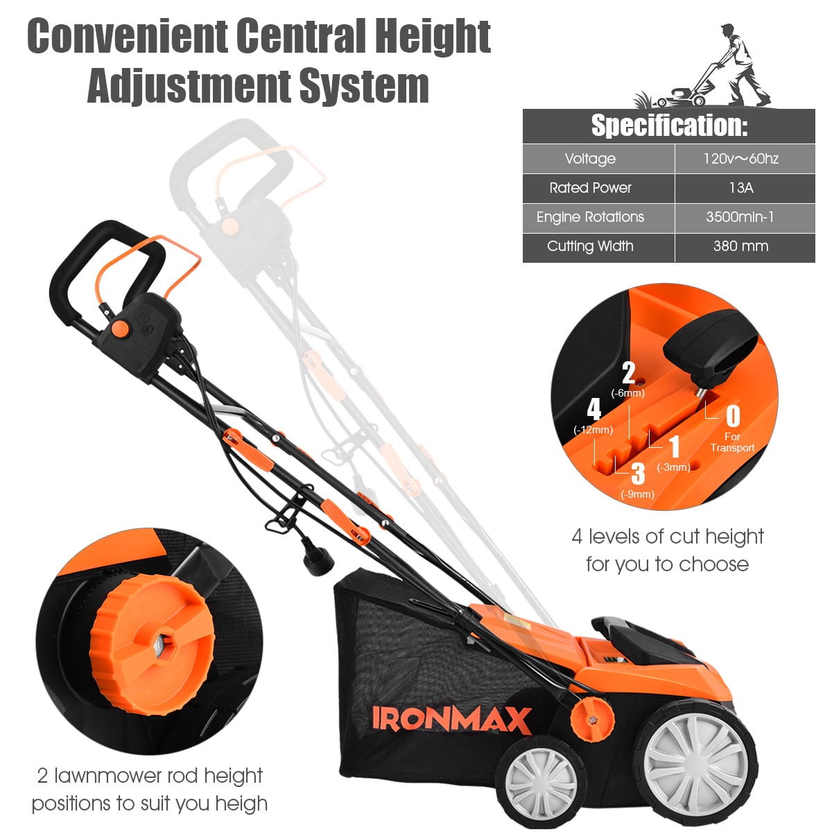 13Amp Corded Scarifier 15" Electric Lawn Dethatcher w/ 50L Collection Bag Orange