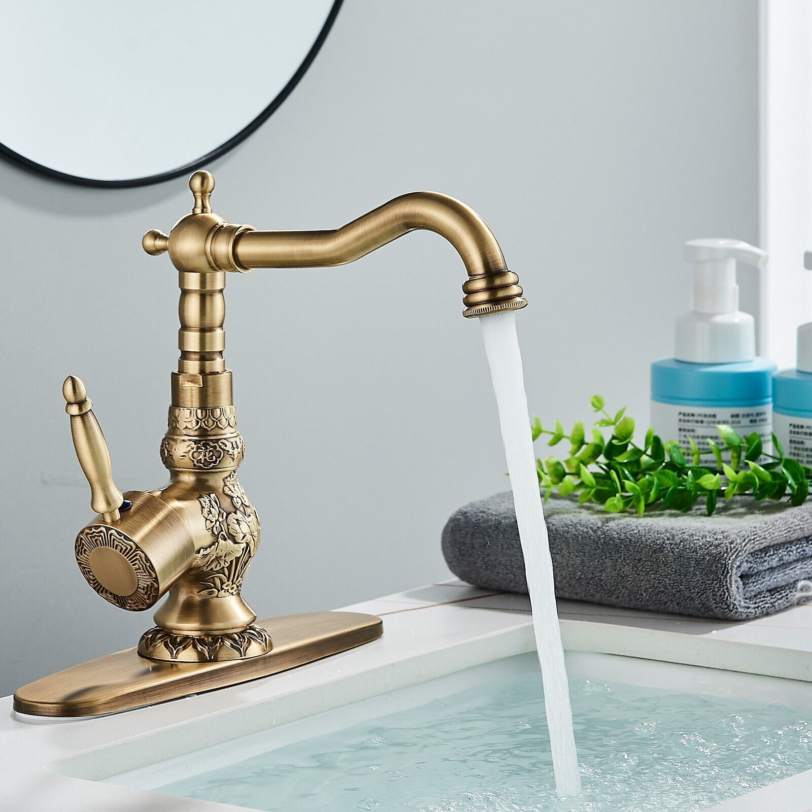 Antique Brass Bathroom Sink Faucet Lavatory Vanity Basin Mixer Faucet with Drain