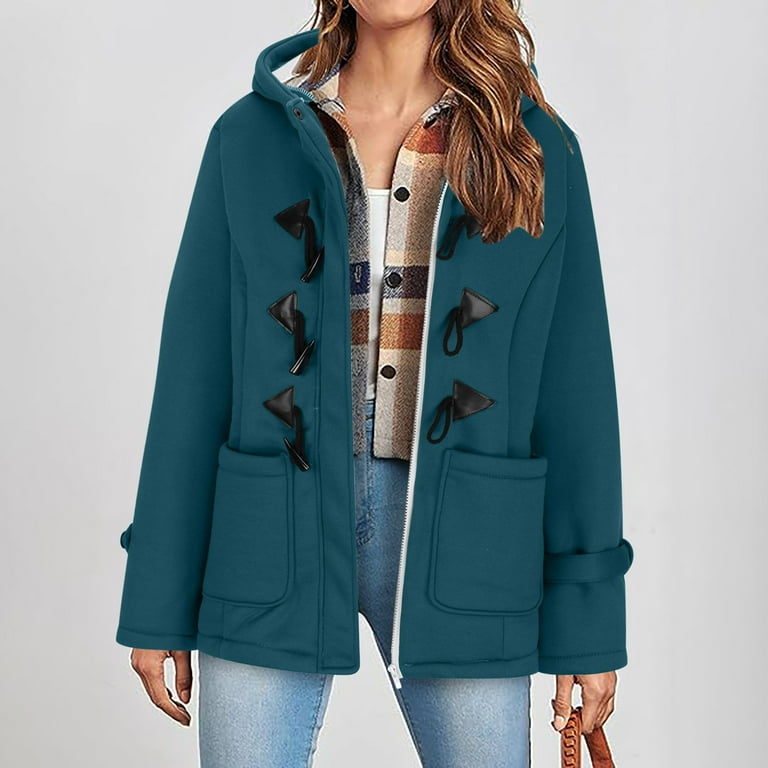 Leadmall Peacoat Womens Coat Fashion Toggle Button Fleece Lined Thicken Coat with Hood Winter Warm Parka Jacket Women Pockets Long Sleeve Pea Coat