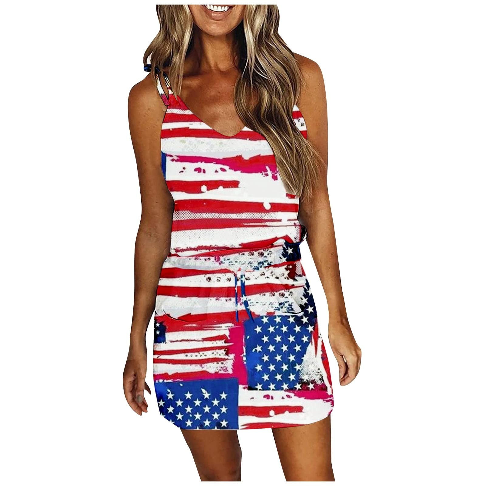 Xztz Women Summer Casual Dress V Neck Spaghetti Strap Mini Dress Elastic Waist Belt Swing Dress With Pockets Red L Walmart Com