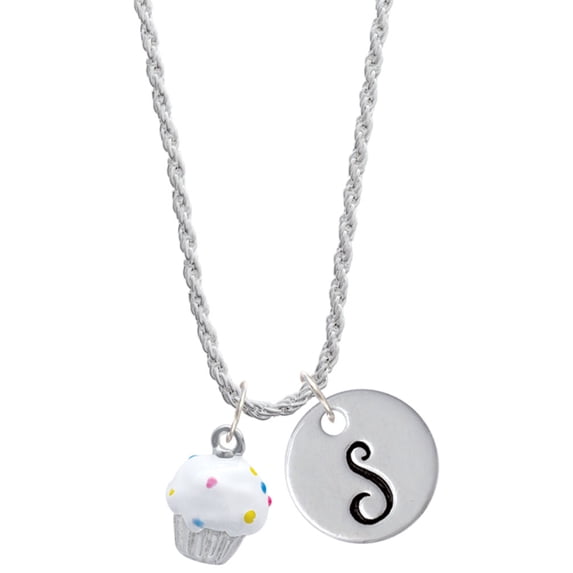 Delight Jewelry Silvertone 3-D White Cupcake with Sprinkles Silvertone Script Initial Disc - S - Charm Necklace, 20"+3"