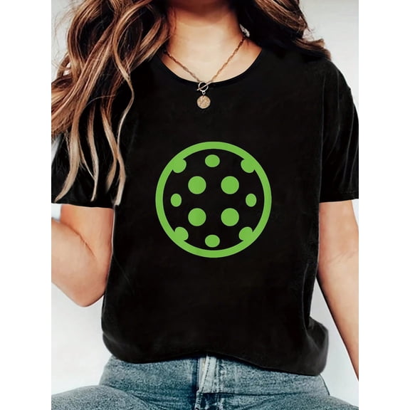100% Cotton Cute Pickleball To Wear On The Pickleball Court Happy Funny Print Women's Gift T-Shirt, Round Crew Neck Soft Short Sleeve T-Shirt For Spring Summer, Fun Graphic Tops T-Shirts For Women