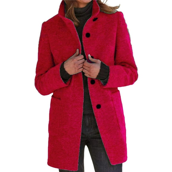 Women Winter Long Pea Coat Wool Blend Stand Collar Single Breast Thicken Blazer Jacket Red XXL
