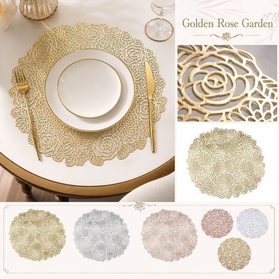 THOPBPRK Elegant Heat Resistant Placemats Foil Stamped Floral Dining Table Mats Rose Garden Charger Plates Hollow Out Round Tabletop Decor for Holiday Dinner Parties Wedding Receptions , 1Pack Gold