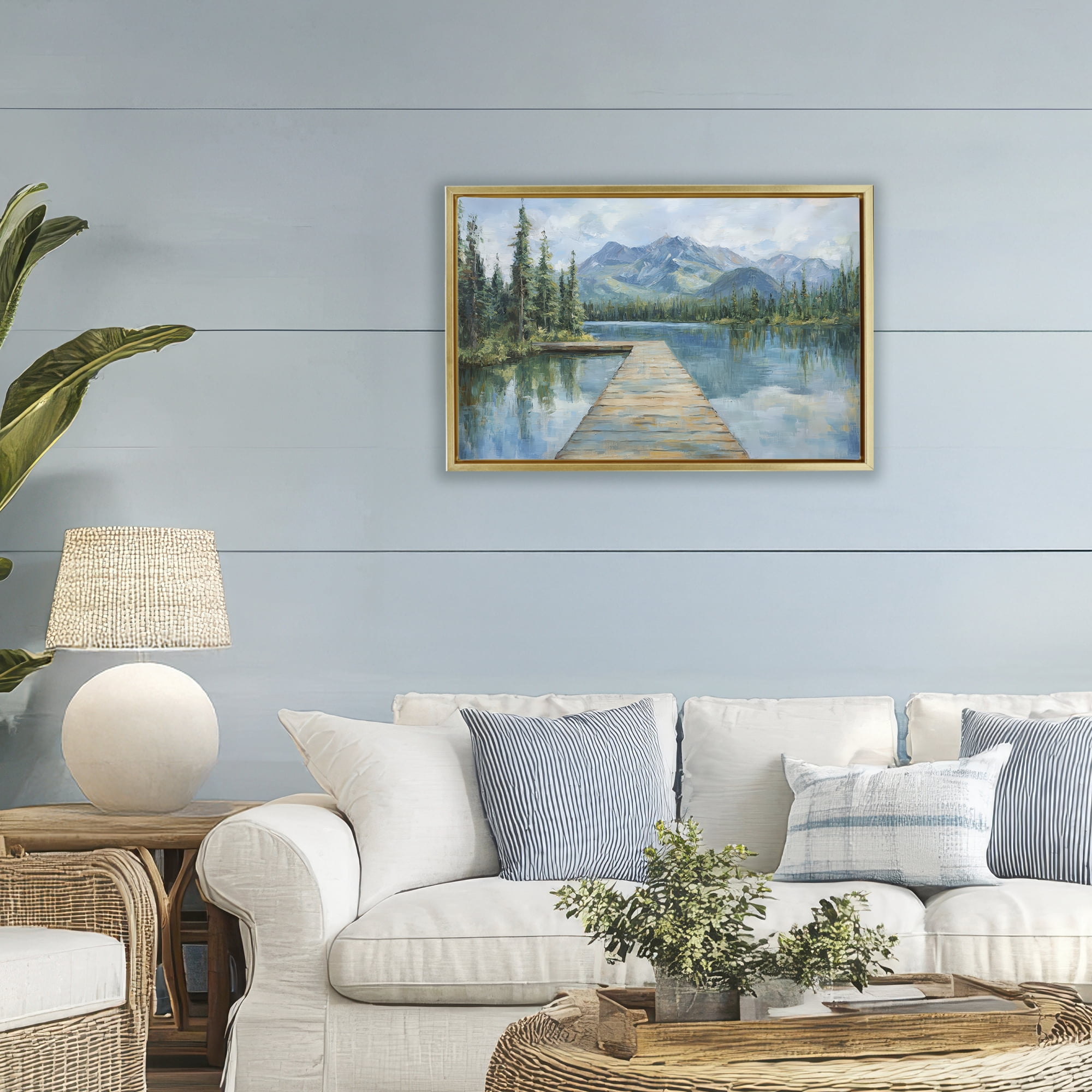 Stupell Industries Peaceful Lake Dock in the Mountains Gold Framed Floater Canvas Wall Art, design by Petal Prints Design
