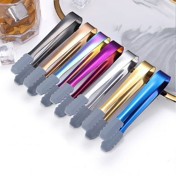 Limei Ice Cube Tongs Set Stainless Steel Food Clips with Silicone Clip Non-Slip Appetizers Tongs Small Serving Clamp for Sugar Ice Cube Salad Buffet BBQ Fruit Lemon Blue(5.1" x 1.4")