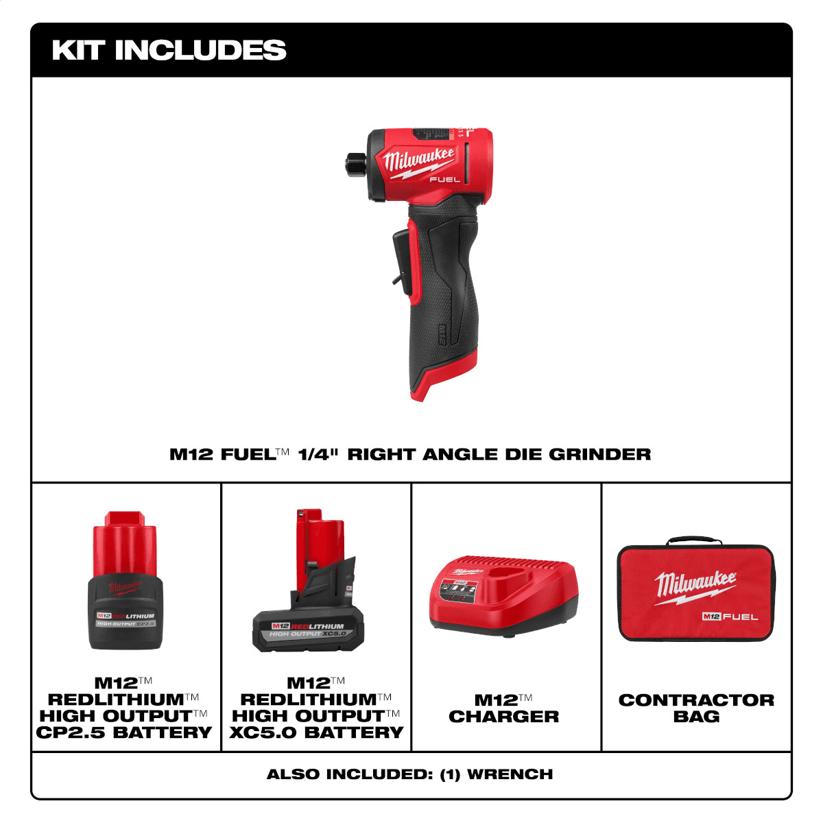 Milwaukee Tool M12 FUEL 1/4 Inch Right Angle Die Grinder 2 Battery Kit