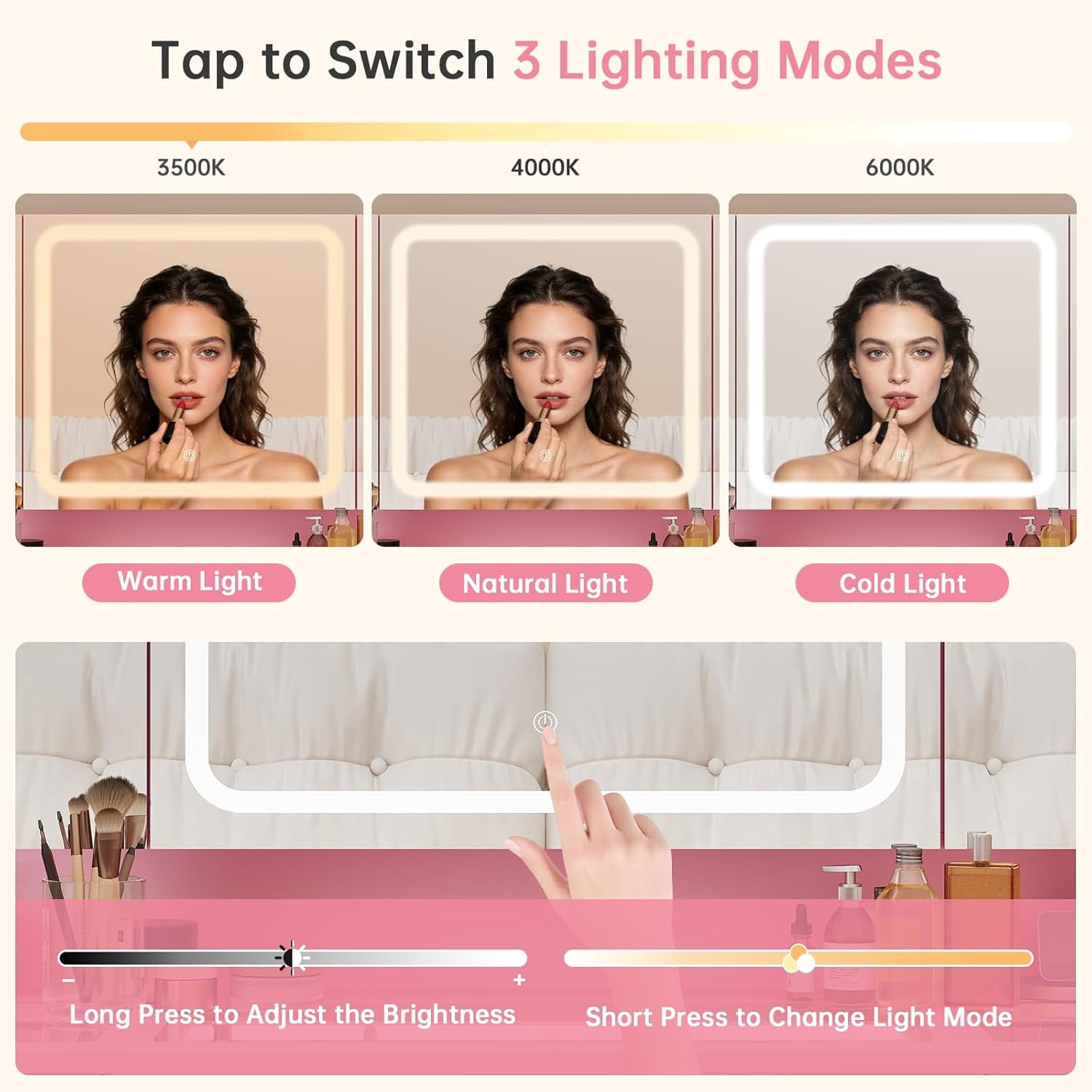 Makeup Vanity Desk with Lights and Mirror, Glass Top Vanity Set with Power Outlet, 3 Lighting Modes, Adjustable Brightness, Dressing Table for Bedroom, Pink
