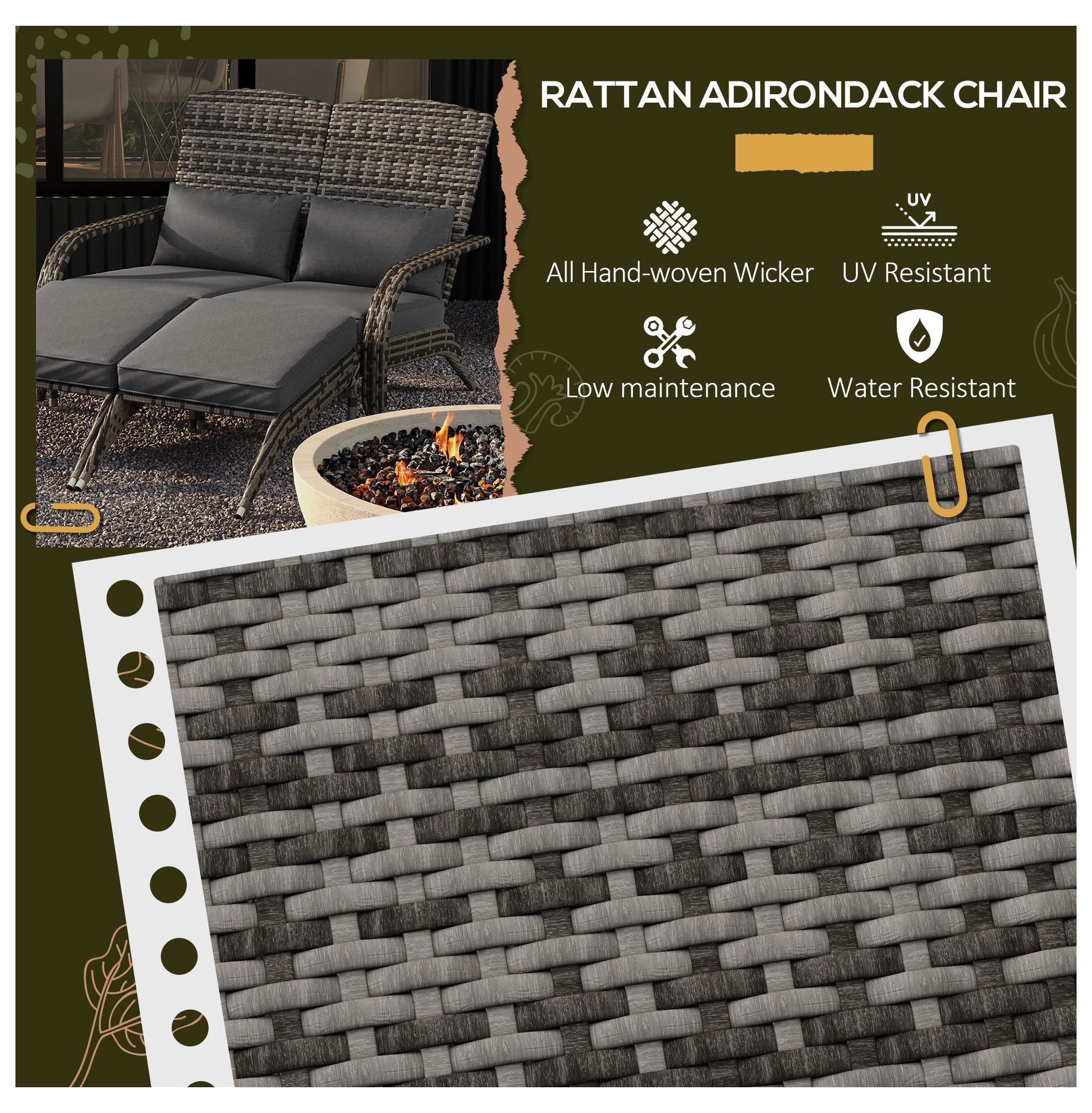 Wicker Adirondack Chair for 2, PE Rattan Double Chaise, Fire Pit Chair with Cushions & Footrests, Mixed Gray - Outdoor Patio Furniture