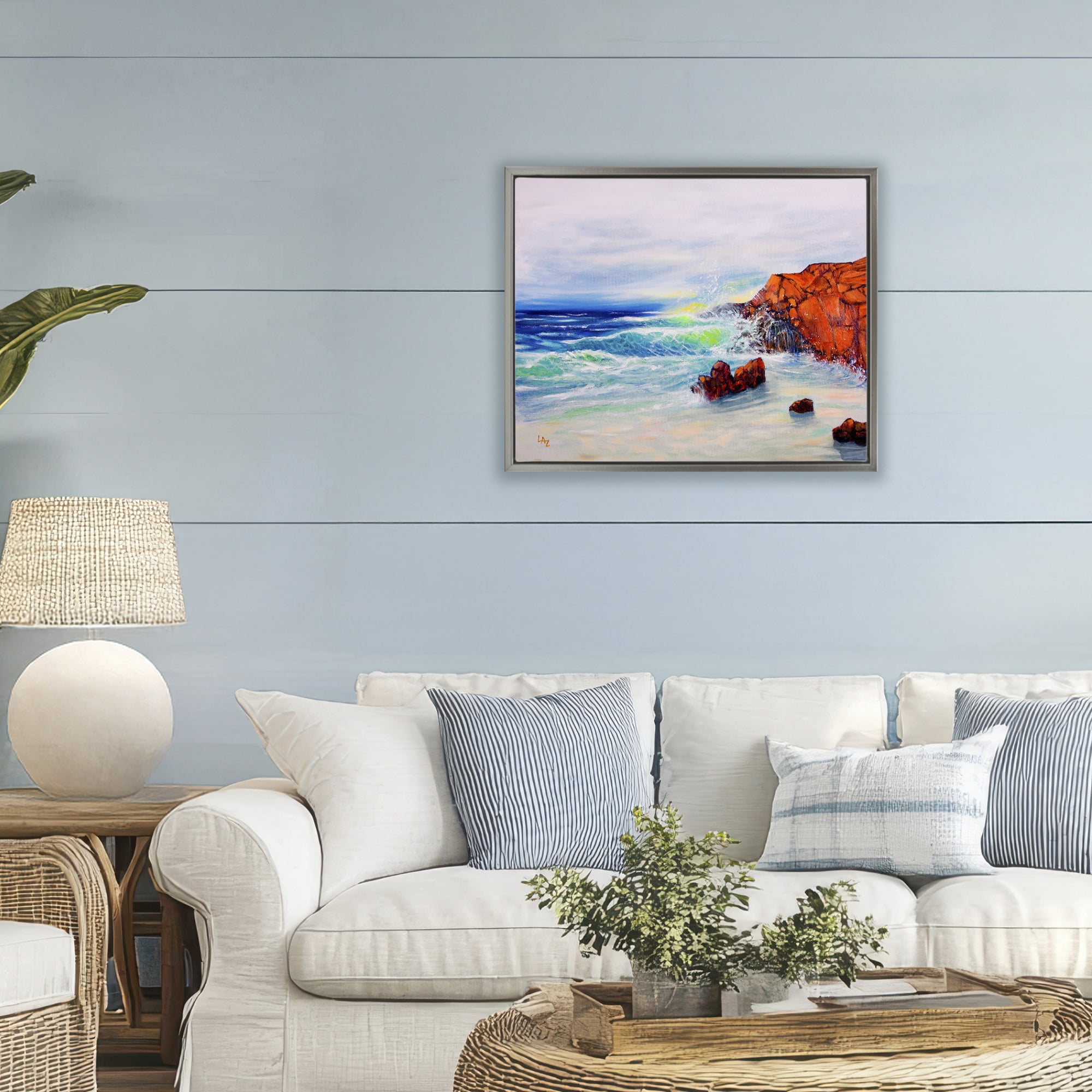 Stupell Industries Deep Blue Rocky Beach Gray Framed Floater Canvas Wall Art, design by Lee Ann Zirbes