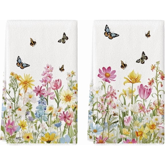 Floral Butterfly Bee Spring Kitchen Towels Dish Towels, 18x26 Inch Farmhouse Summer Decoration Cleaning Set of 2