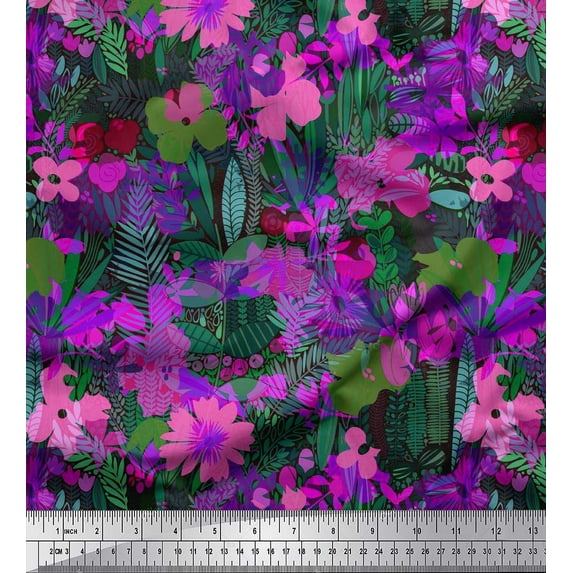 Soimoi Silk Fabric Leaves & Floral Artistic Printed Fabric 1 Yard 42 Inch Wide