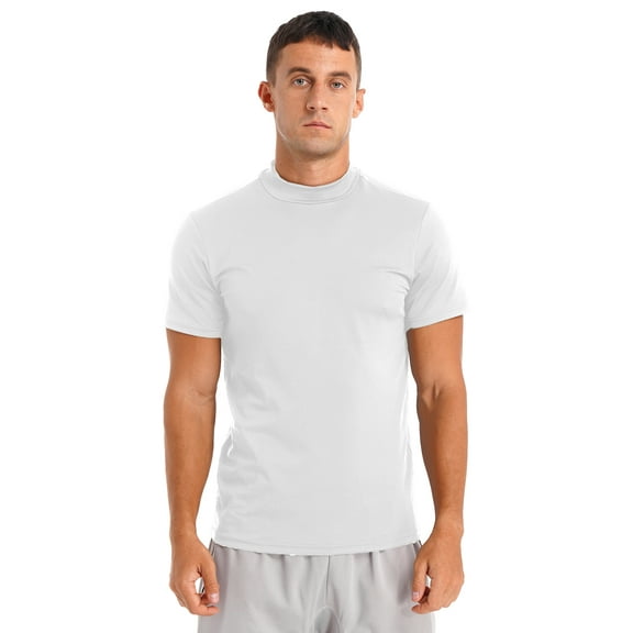 Eandarui Mens Short Sleeve Basic Tops Mock Turtleneck Casual Pullover T-Shirt Slim Fit Solid White L