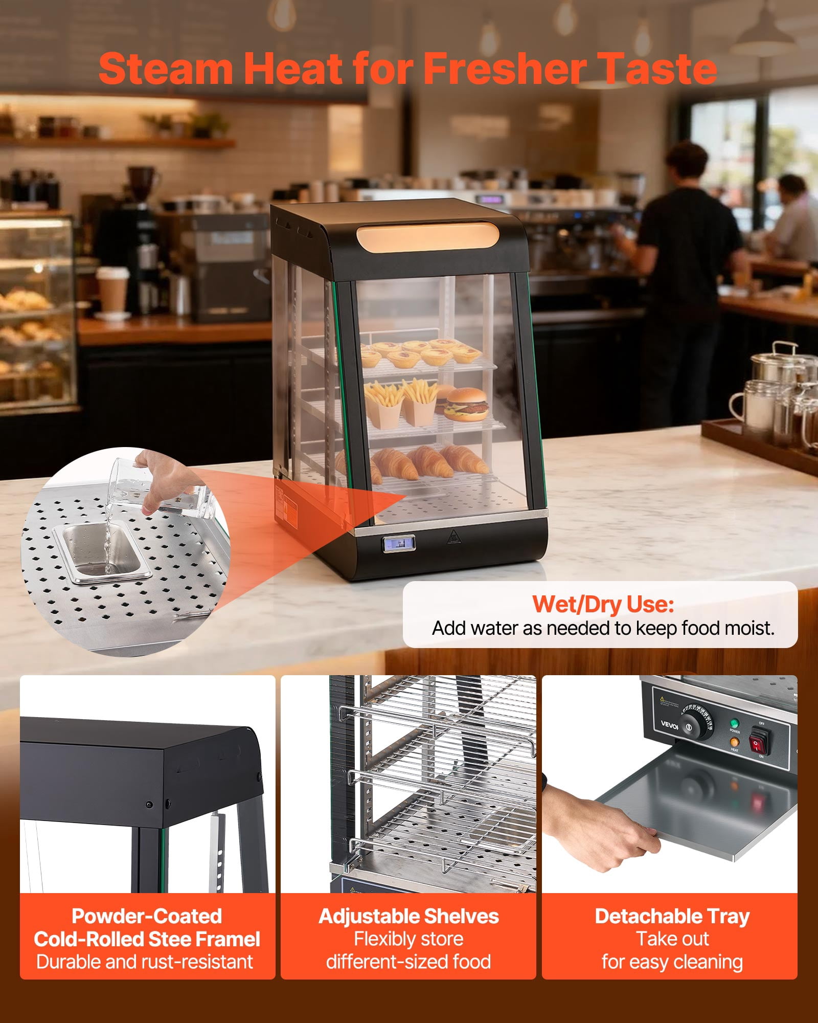 VEVOR 3-Tier Commercial Food Warmer Display, 800W Food Display Warmer with LED Light, Top Storage and Adjustable Shelves, 86℉~185℉ Steam Heating, 60 Qt /57L for Hamburger, Pizza, Bread, Fried Chicken