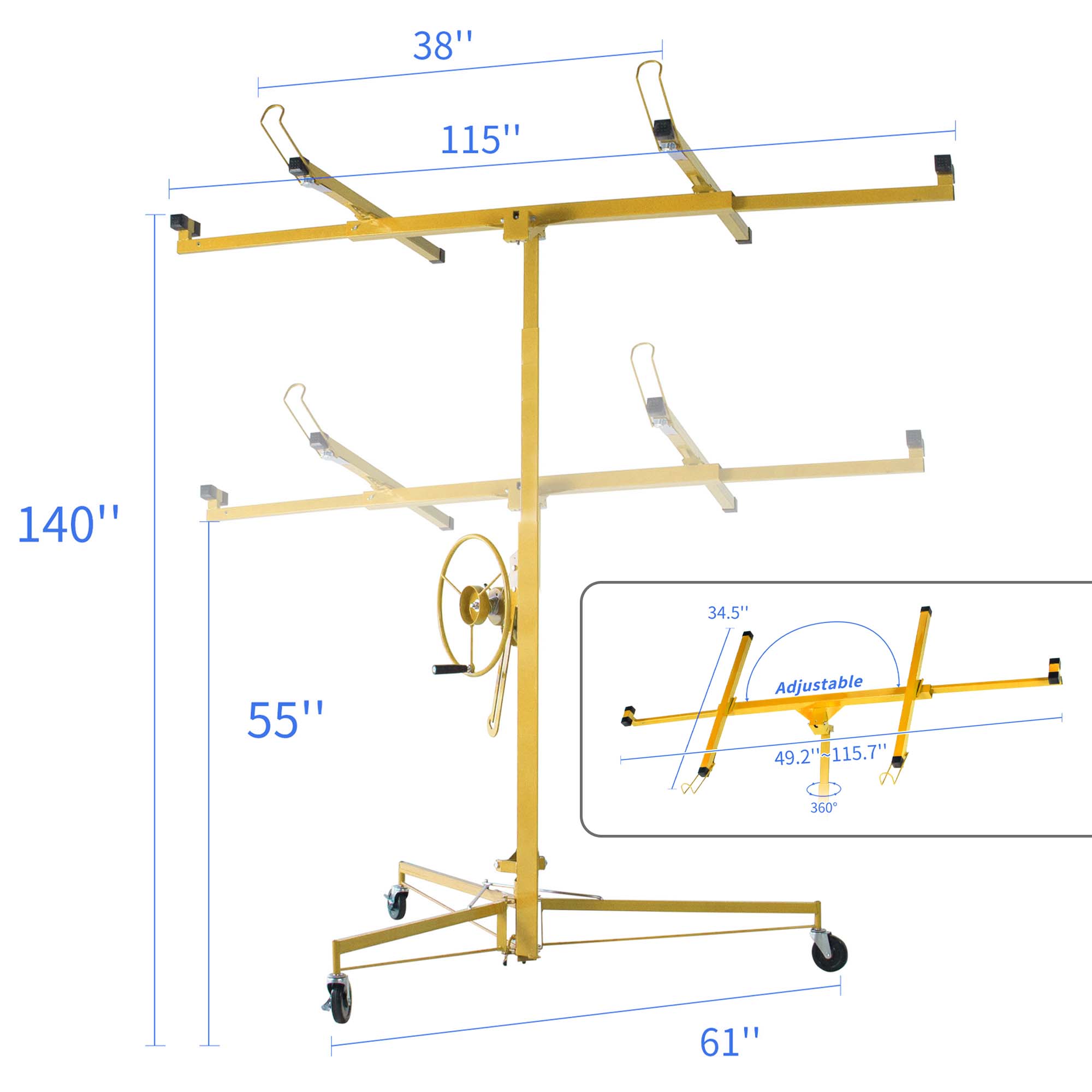 Aukfa 11ft Drywall Lift Rolling Panel Lifter Jack Rolling Caster Wheel Drywall Lift - Yellow