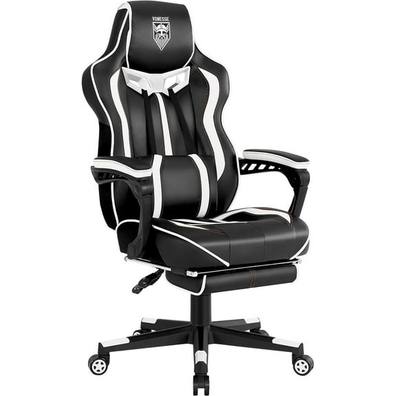 Vonesse Gaming Chair with Footrest,Reclining Computer Gaming Chair for Adults,Big and Tall Gamer Chair with Massage,Ergonomic High Back (White/Black)