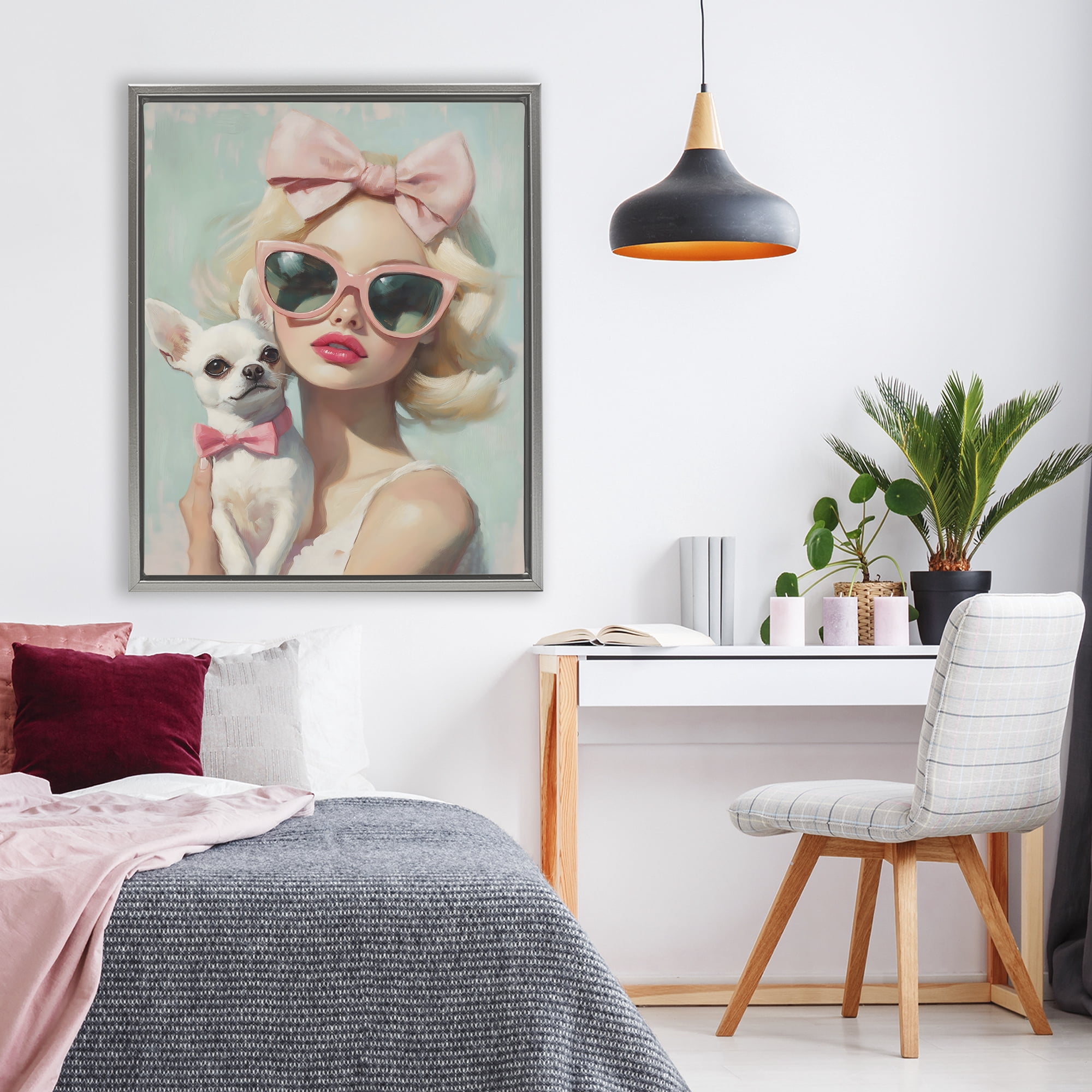 Stupell Industries Girl with Chihuahua Gray Framed Floater Canvas Wall Art, design by The Prints Vibe