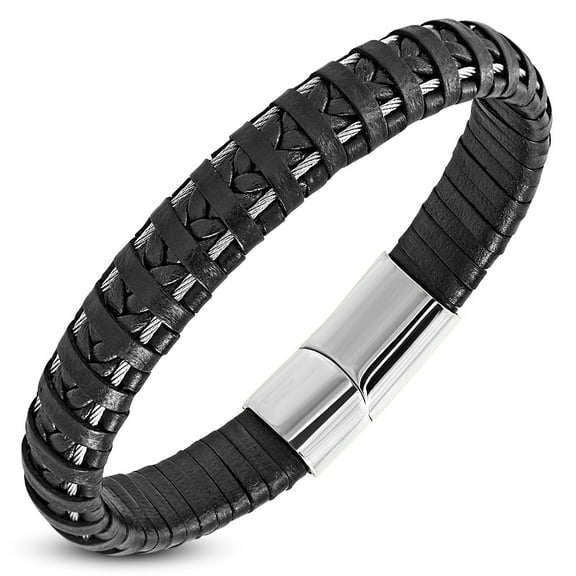 Stainless Steel Black Leather Braided Wristband Mens Bracelet, 8.5"