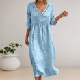 thumbnail image 6 of Bysome Women Dresses Solid Color 3/4 Sleeve V-Neck Flowy Dress Summer Comfortable Women Dress Size L Blue, 6 of 8