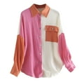 thumbnail image 2 of Women's Color Block Button Down Blouses Fashion Turndown V Neck Long Sleeve Tops Casual Loose Oversized Shirts, 2 of 4