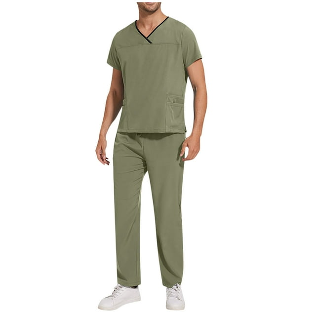 Penkiiy Scrubs Set para hombres, Classic V-Neck Stretch Top& Pantalones rectos Yoga Waistband 2XL Verde
