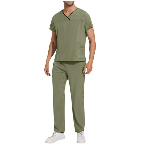 Penkiiy Scrubs Set para hombres, Classic V-Neck Stretch Top& Pantalones rectos Yoga Waistband L Green