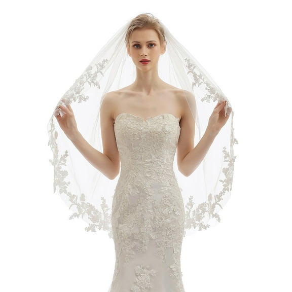 EllieWely 1 Tier Fingertip Length 90 cm(35 inch) Lace Edge Wedding Bridal Veil With Metal Comb L69