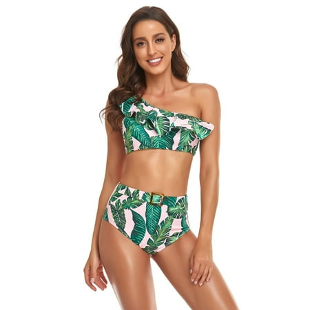 

Finelylove Womens Swimsuits Padded Sport Bra Style High Waist Green L