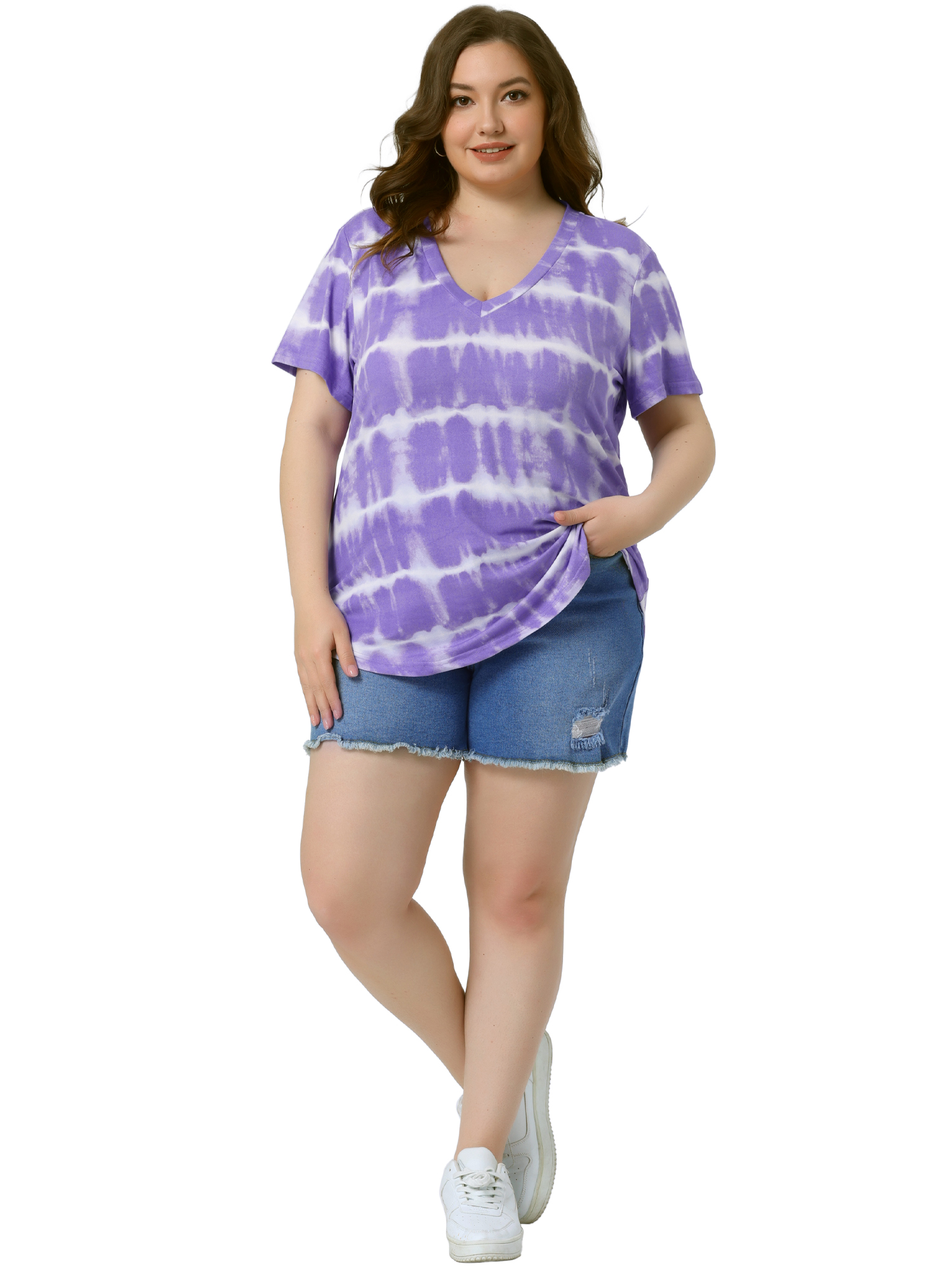 DARING DIVA Women's Plus Size V Neck Short Sleeve Tie Dye Tunic Top 2X Purple