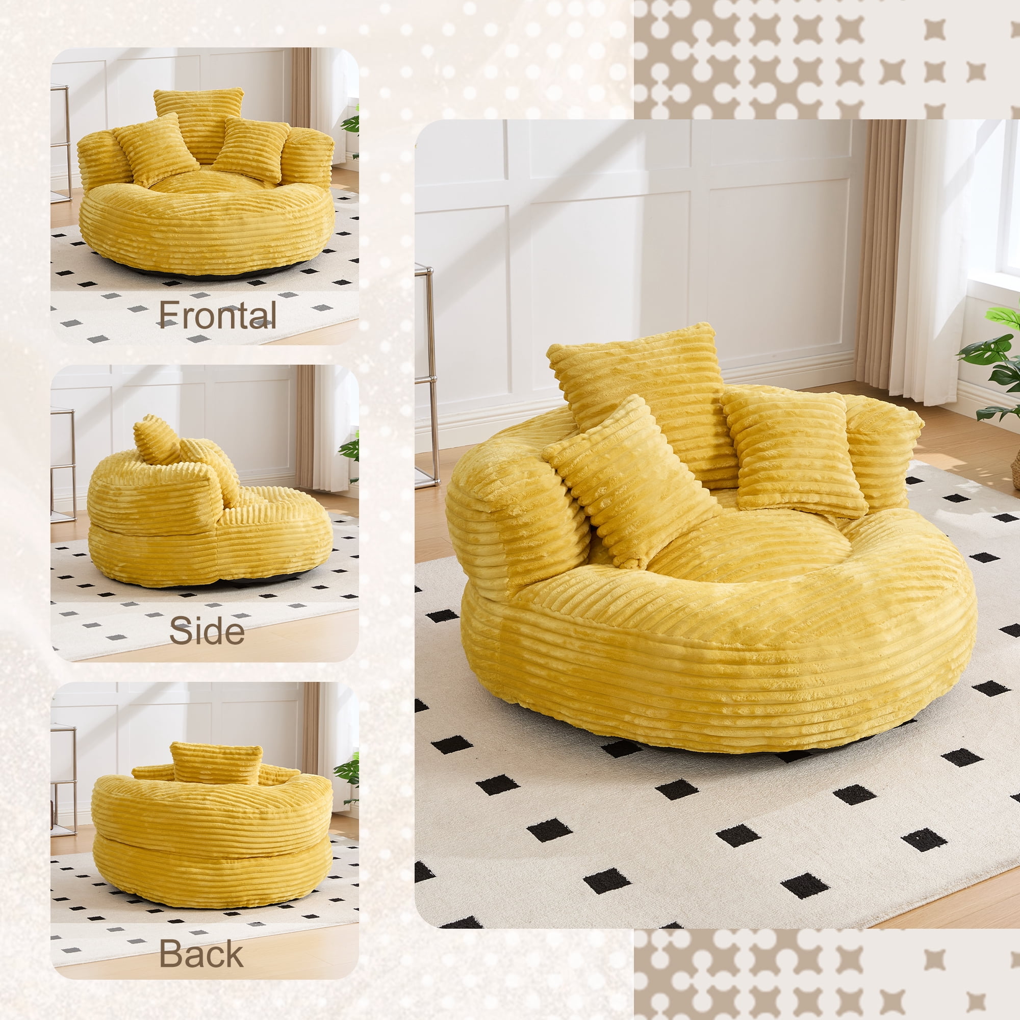 CKEASEAN Oversized Bean Bag Chair for Adults with Armrests & 3 Pillows, Corduroy Bean Bag Sofa with Memory Foam Filler, Lazy Floor Chair No Assembly, Comfy Lounge Seat for Living Room Relaxing