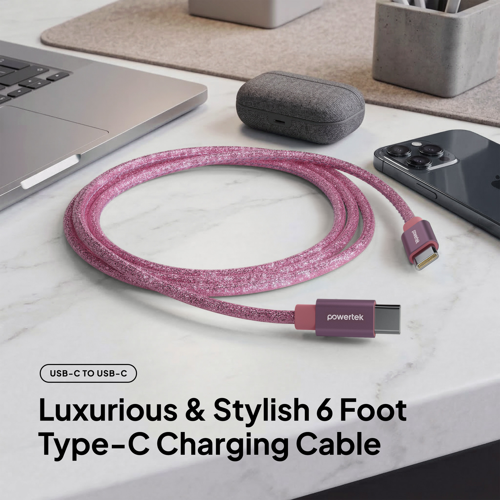 Liquipel USB-C to USB-C Cable, 6Ft, Pink Glitter photo 2