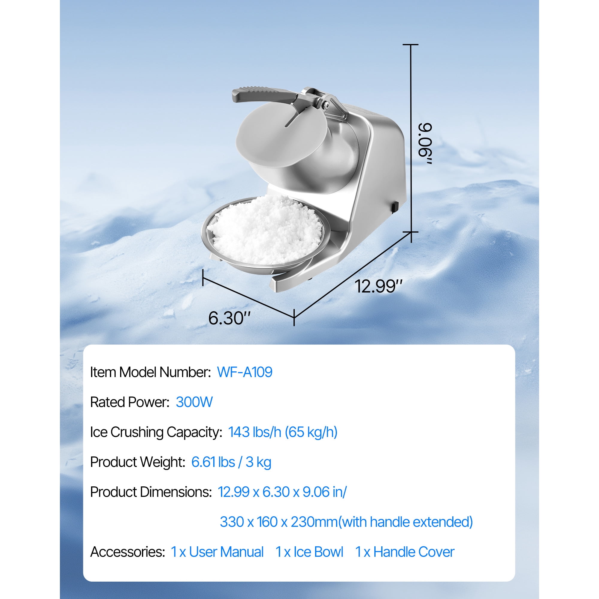 KFFKFF Electric Ice Crusher Machine, 143lbs/hr Dual-Blade Snow Cone Maker, Stainless Steel Shaved Ice Machine with Bowl and Cover, 300W 2000RPM for Home and Commercial Use, Silver