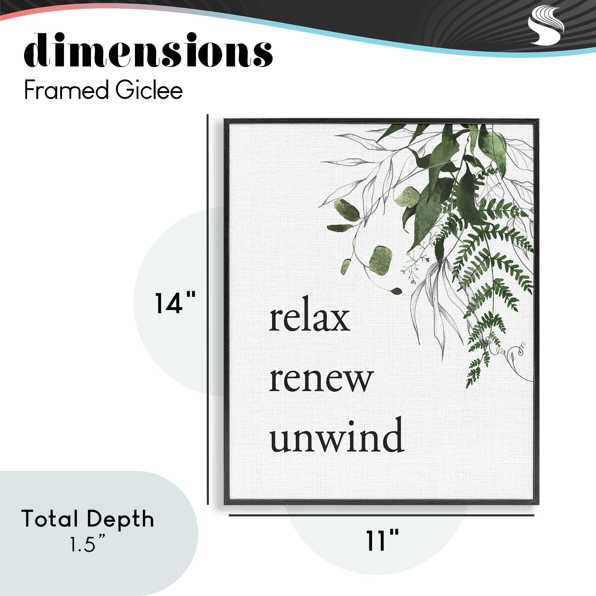 Relax Renew Unwind with Foliage Black Framed Giclee Art, design by Lettered and Lined
