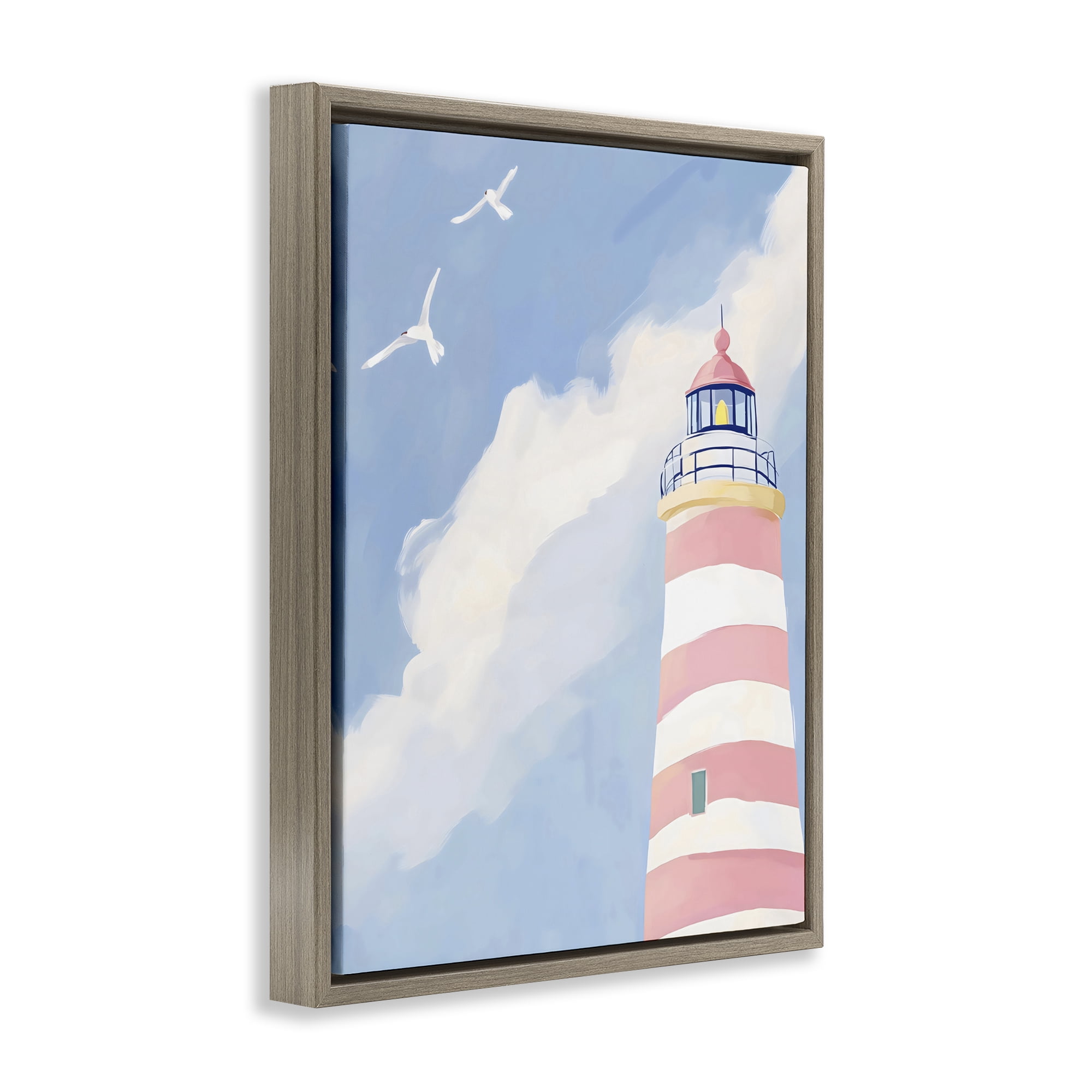 Stupell Industries Striped Lighthouse with Seagulls Brown Framed Floater Canvas Wall Art, design by The Prints Vibe