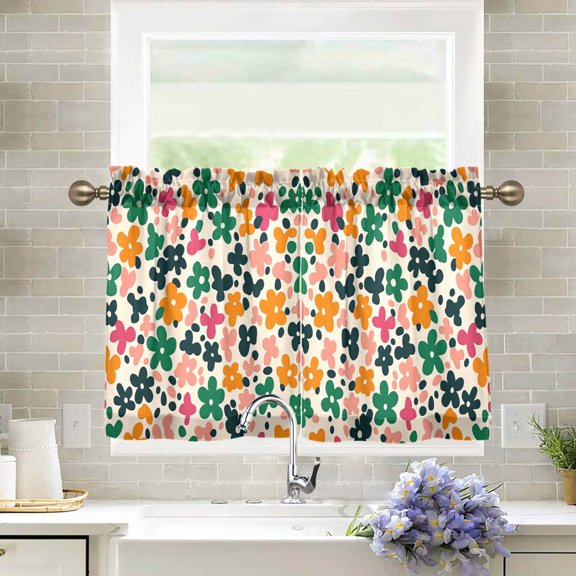 Yayeee Kitchen Curtains Tier Pair Light Filtering 27"x24" Rod Pocket Short Cafe Window Panel, Floral Blooms