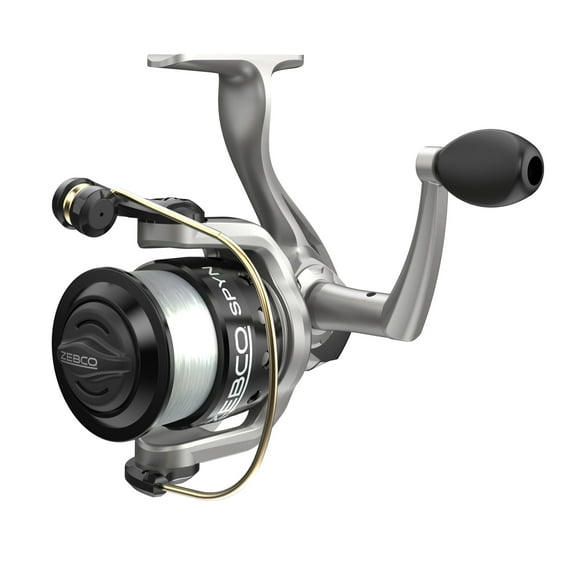 Zebco Spyn Spinning Fishing Reel, Size 20 Reel, Aluminum Spool, Super Tough Titanium-Nitride Plated Bail Wire, 5.3:1 Gear Ratio, Pre-Spooled with 8-Pound Zebco Line, Silver/Black (Clam Packaging)