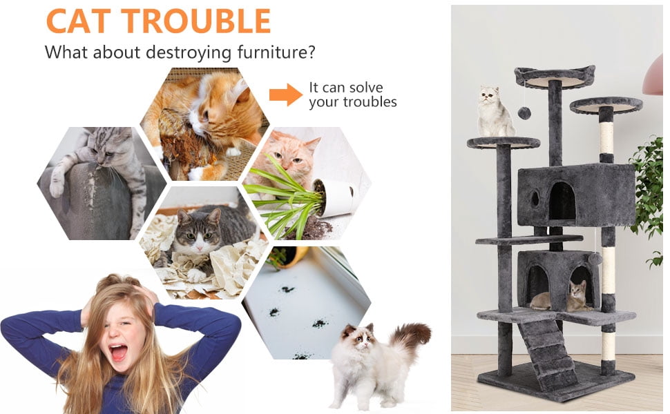 XF XINFENG 54 in Cat Tree Tower Playhouse Multi-Level Pet/Cat Cozy Condo Furniture for Indoor Cats with Scratching Posts Stand House,LIGHT GRAY