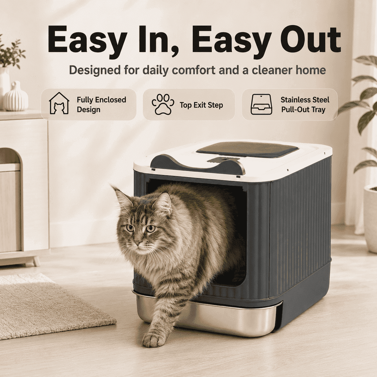 Fly Rabbit Stainless Steel Odor-Proof Enclosed Cat Litter Box with Scoop, Easy to Clean, Gray
