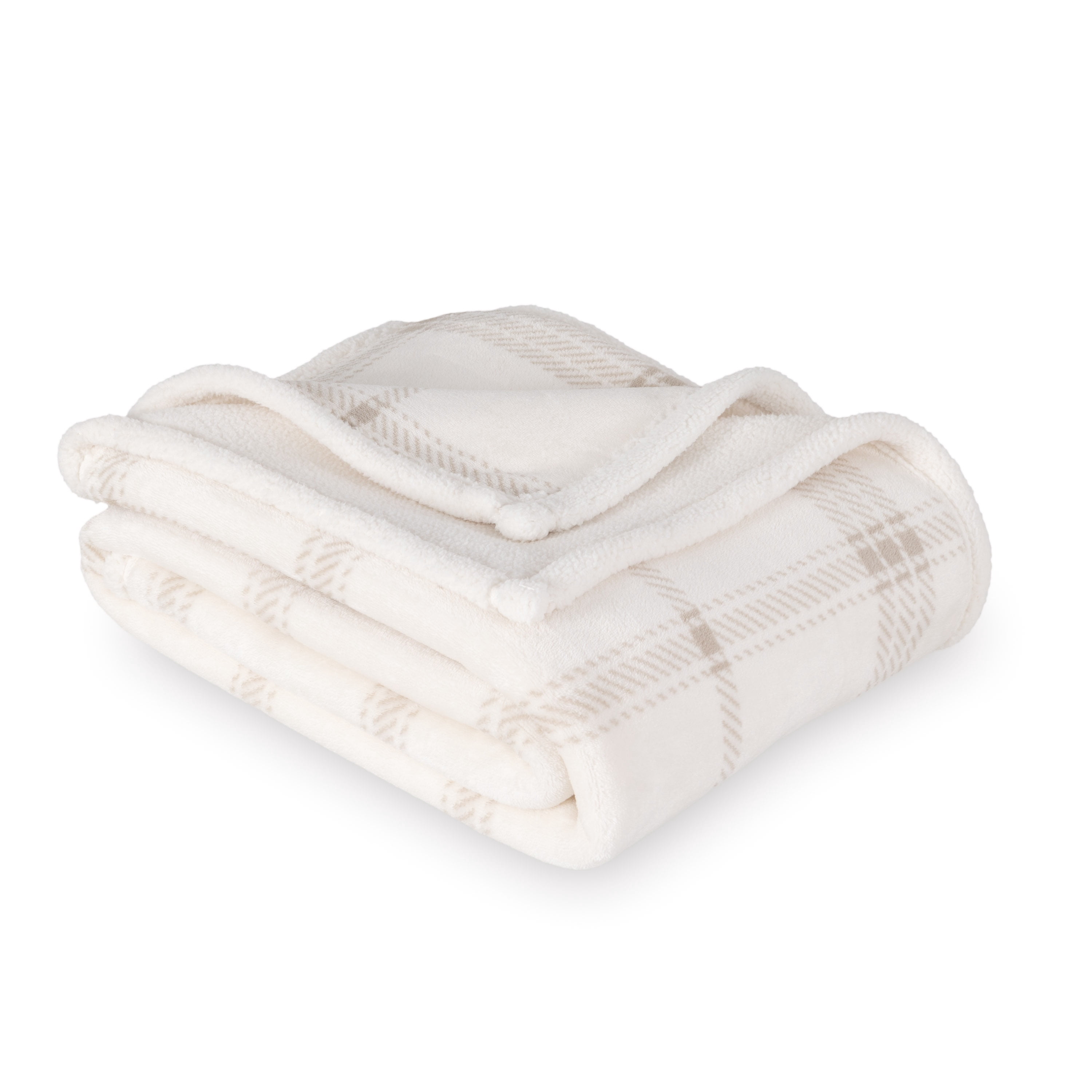 Mainstay Reversible Velvet Plush And Faux Shearling Throw Blanket, Beige Plaid, Standard