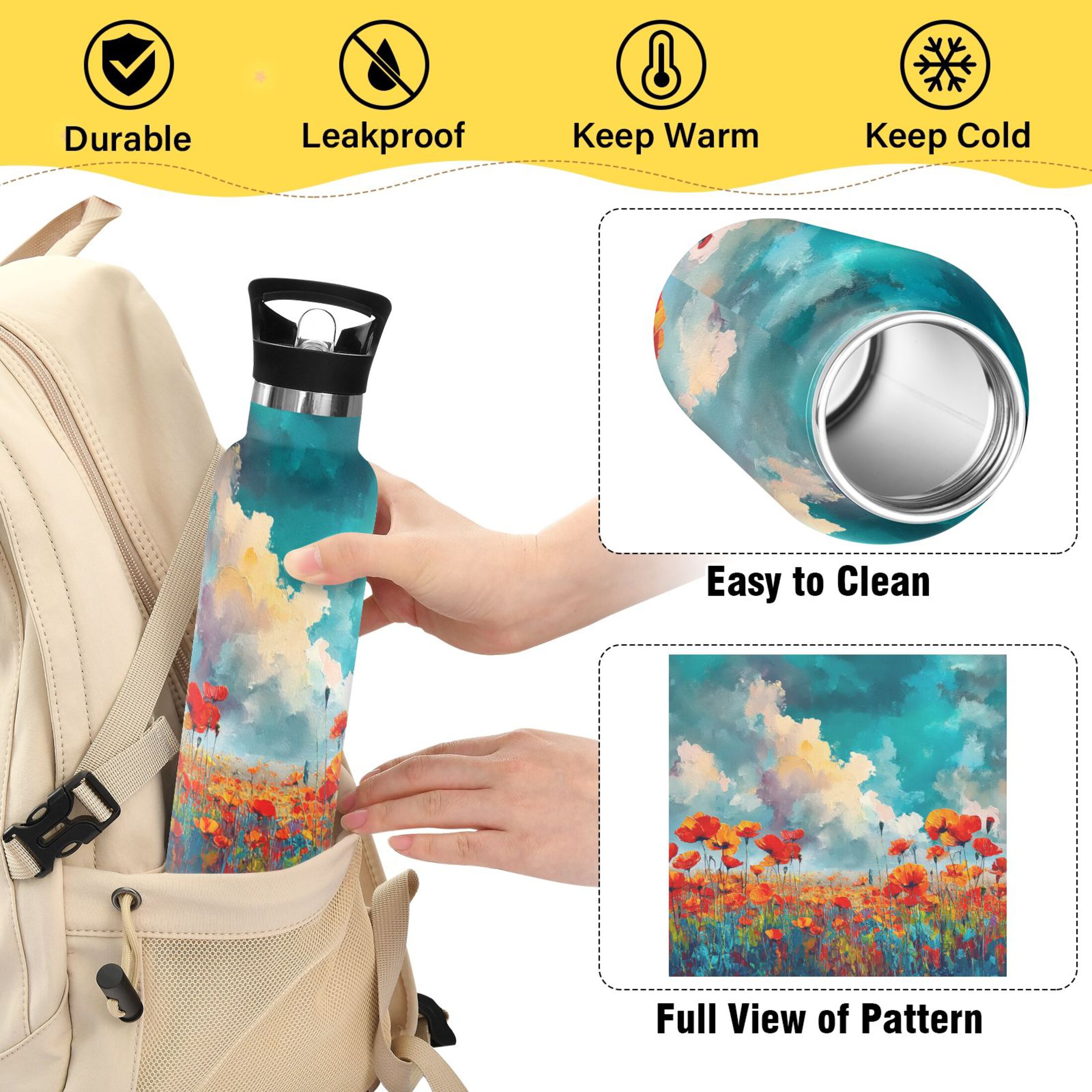 Kids Insulated Stainless Steel Sports Water Bottle 600ml (20oz) Beautiful Flower Field