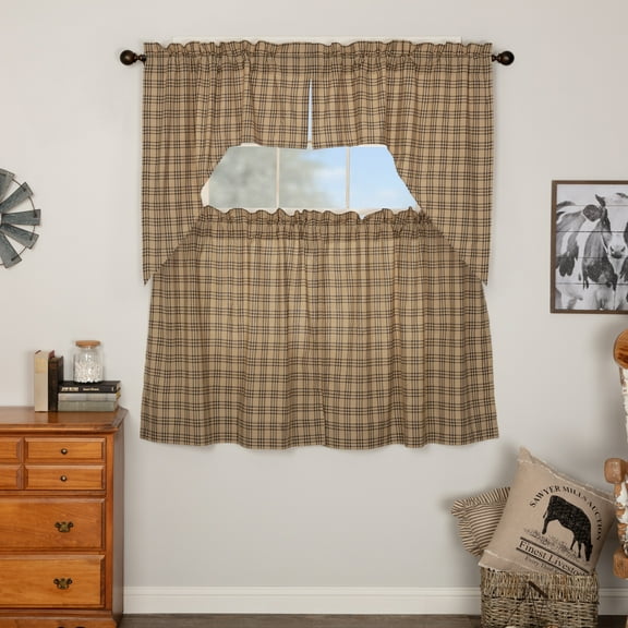 VHC Brands Sawyer Mill Charcoal 4 PC Plaid Curtain Set (2 Swag 36x16 and 2 Tier 36x36)