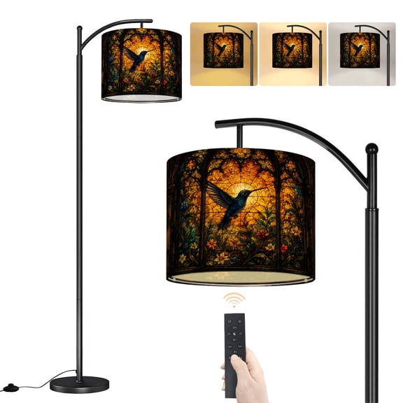 Arc Floor Lamp Hummingbirds stained glass sunset floral nature Green leaves pink Dimmable Modern Standing Lamp with Remote Adjustable Drum Shade Footswitch Tall Pole Lamp for Living Room Bedroom
