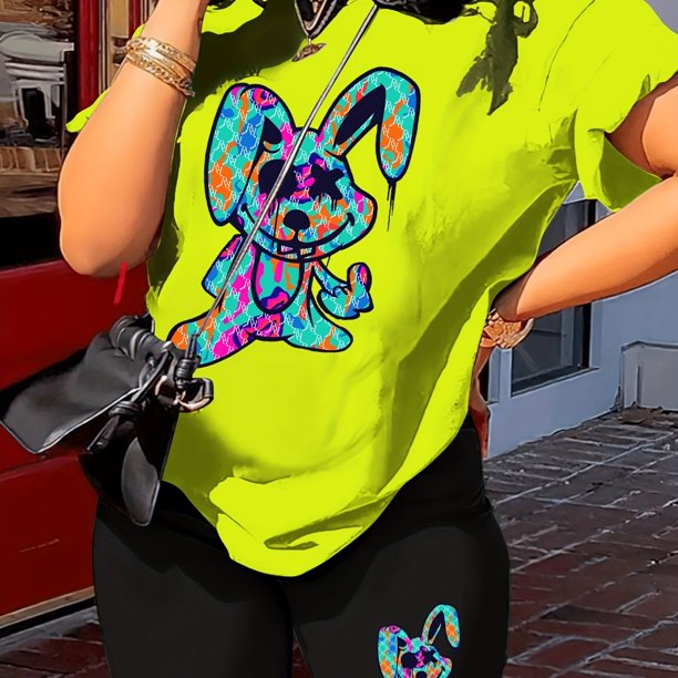 Conjunto de dos piezas con estampado de dibujos animados, camiseta de manga corta con cuello redondo y pantalones cortos, conjunto casual de verano de 2 piezas, ropa de mujer