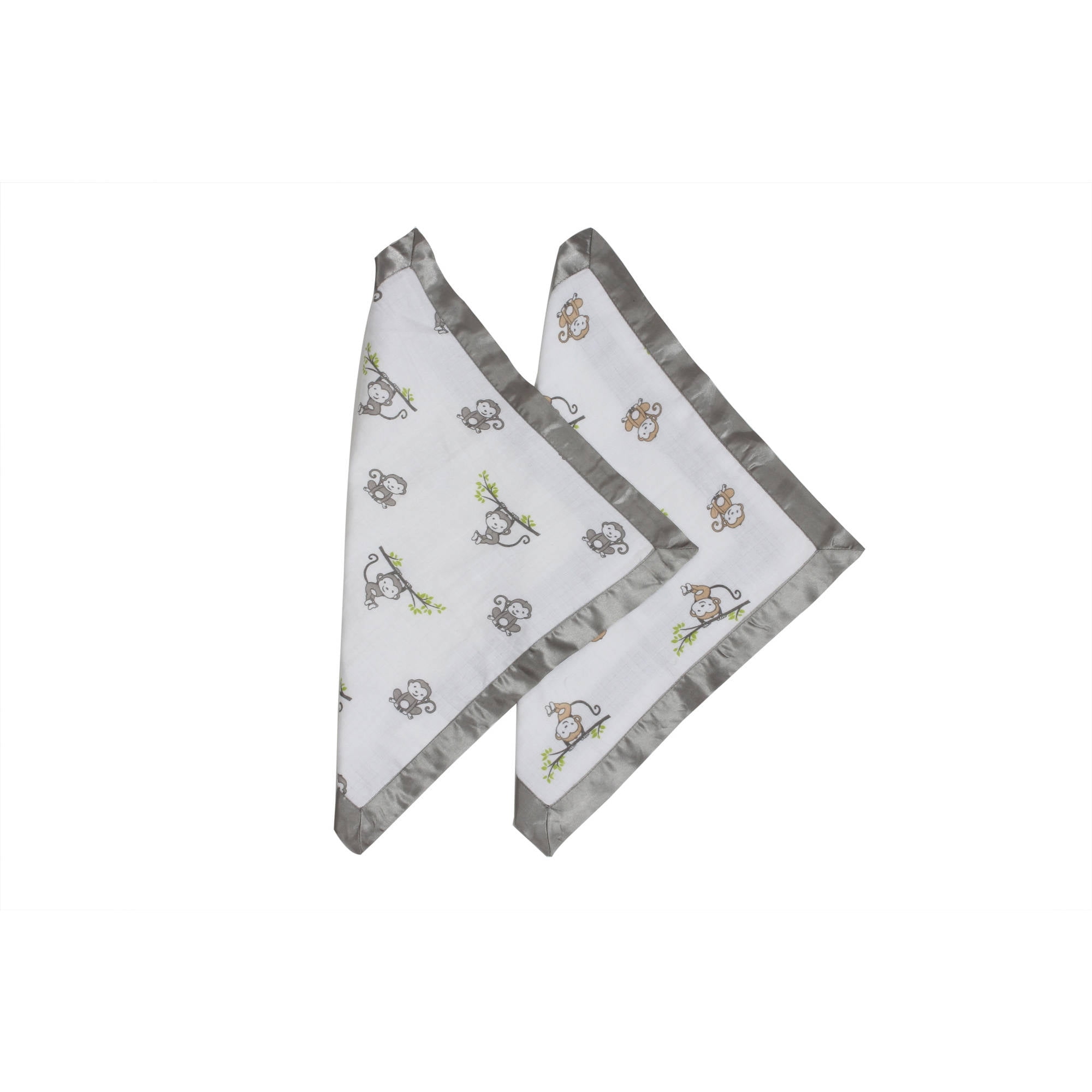 Bacati - Happy Monkeys Muslin 2-Piece Security Blankets with Sateen Trim,  Gray/Biege