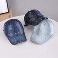 thumbnail image 4 of Ljudmp Womens Mens Vintage Washed Denim Rhinestone Baseball Cap Distressed Frayed Brim Bling Crystal Studded Cowboy Hat Adjustable Sun Hat Dark Blue Pattern C, 4 of 4