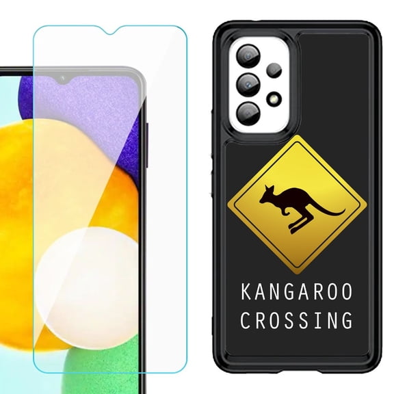 Shockproof Bumper (Black Frame) phone Case for Samsung Galaxy A23 5G, with Tempered Glass Screen Protector, by OneToughShield ® - Road Sign Kangaroo