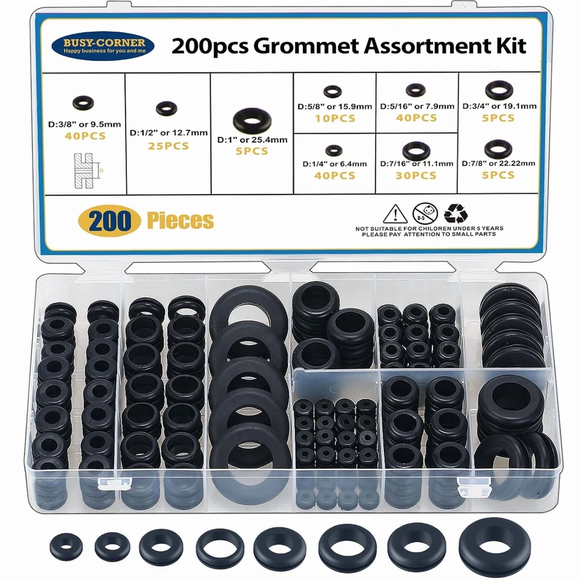 CIRCLE- 200 Pcs Hollow Rubber Grommet Firewall Hole Plug Assortment, Rubber Grommet K...