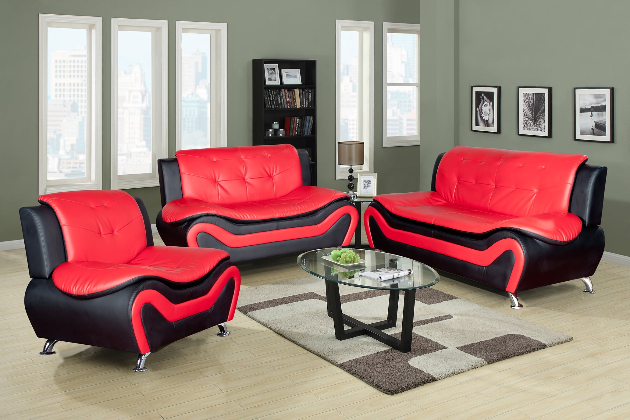 Sofa Loveseat Chair, Red And Black Leather Living Room Furniture