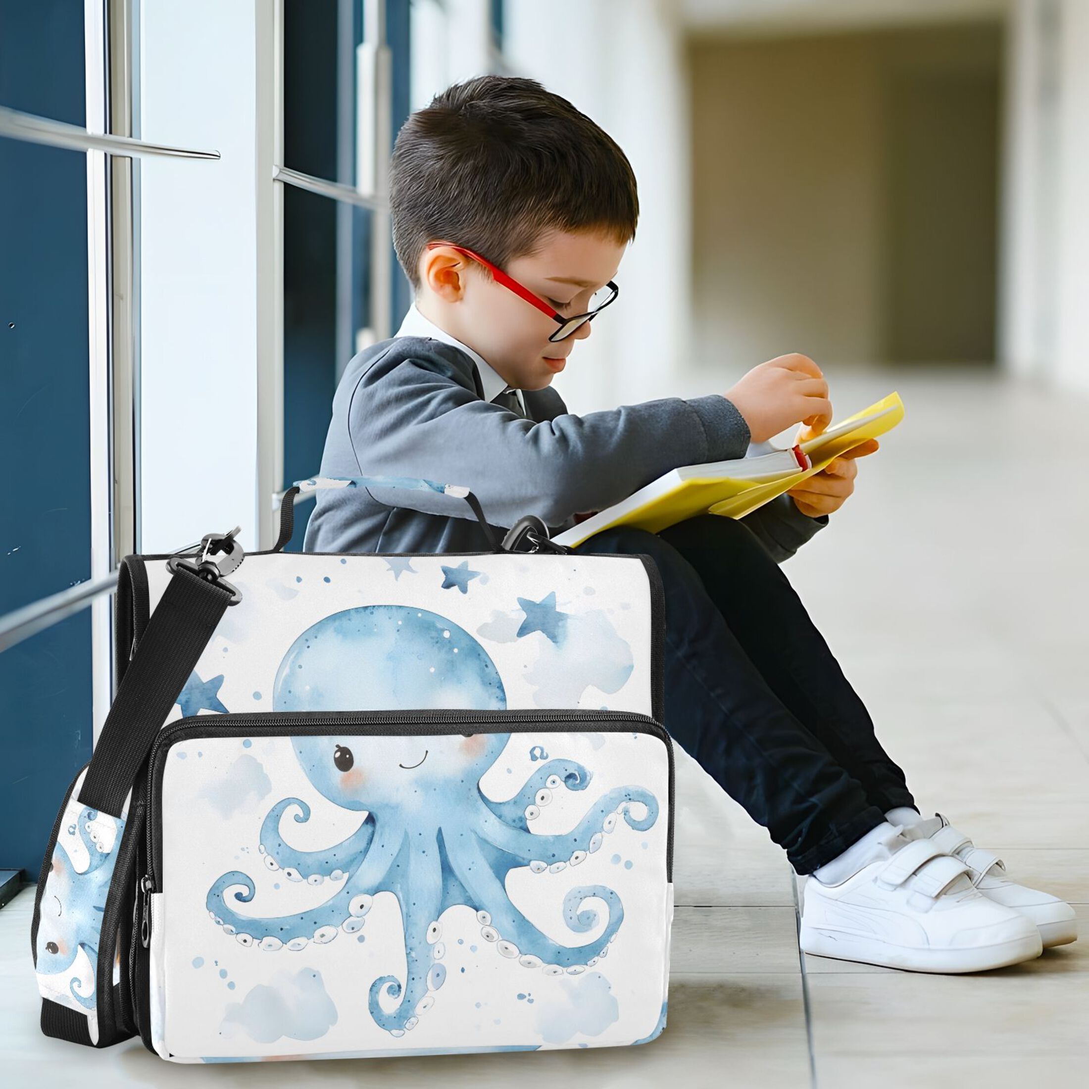 3 Ring Zipper Binder with Shoulder Strap Waterproof Trapper Keeper 2 Inch D-Ring 500 Sheets Capacity Cute Blue Octopus and Star